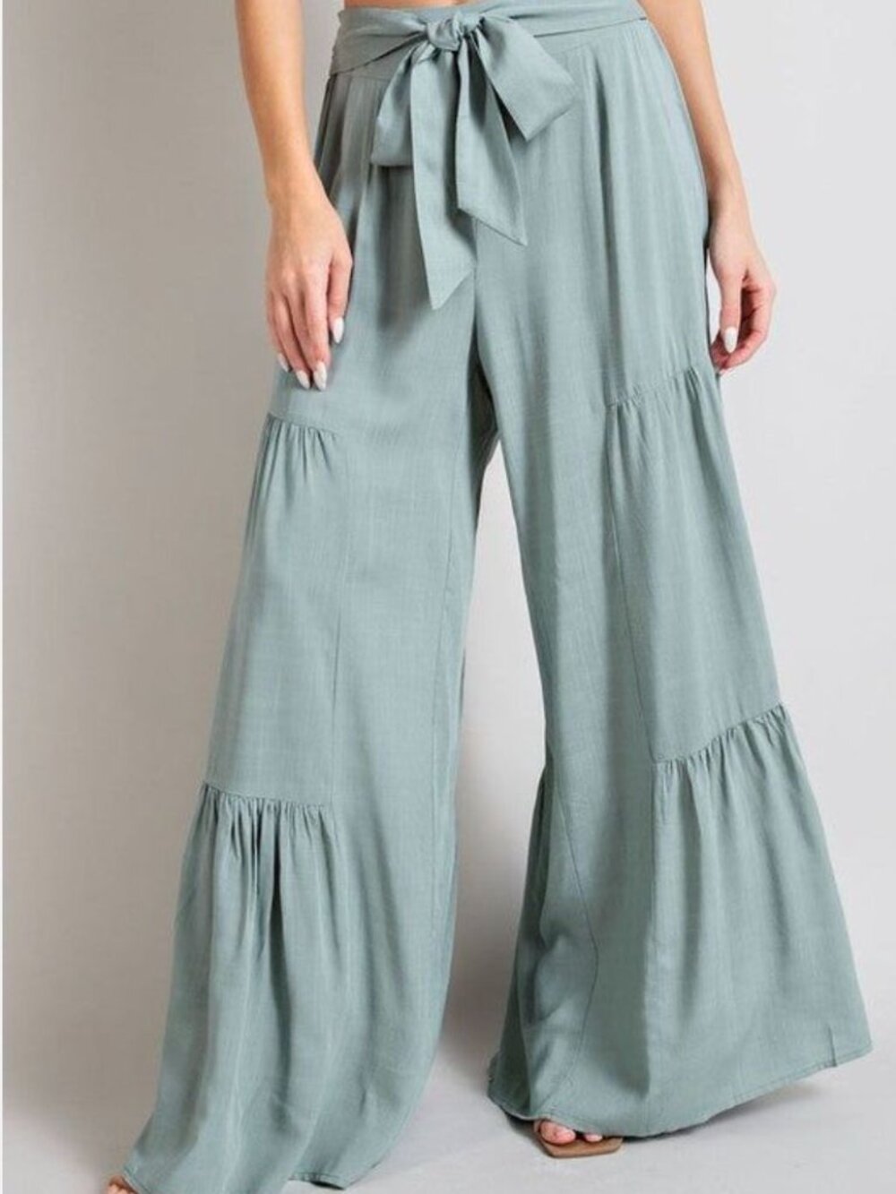 Ee Some L Tiered Wide Leg Flowy Pull On Pants Tie Waist Blue Boho Lagenlook - Picture 5 of 14